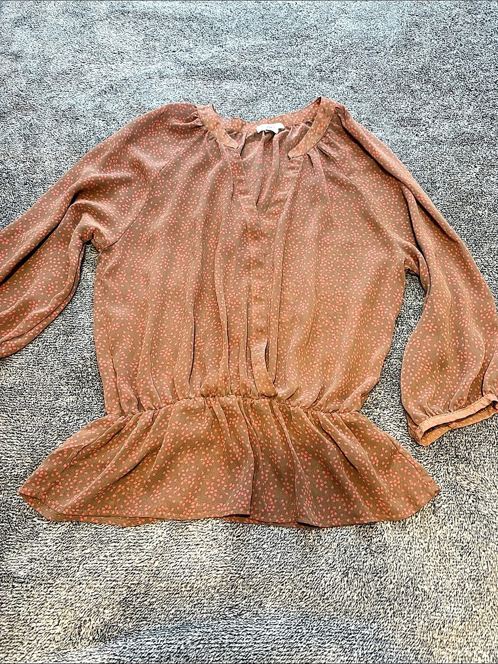 bar III Polka Dot Peplum Blouse in Brown & Pink Size Large